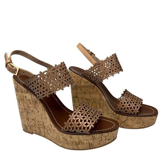 Tory Burch Tan Cut-Out Wedge Sandals - Picture 1 of 5
